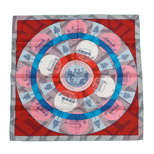 HERMES Scarf Carre Jeu des omnibus et damesBlanches Omnibus White Lady Game Size 90 Pink/Blue/Red Silk 100%