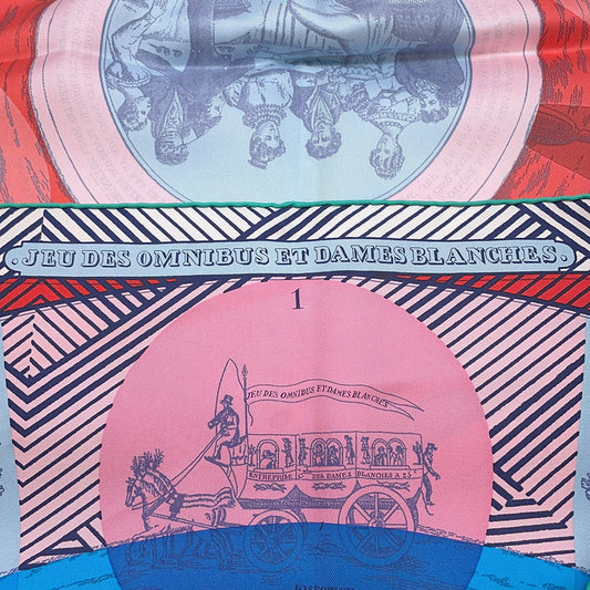 HERMES Scarf Carre Jeu des omnibus et damesBlanches Omnibus White Lady Game Size 90 Pink/Blue/Red Silk 100%