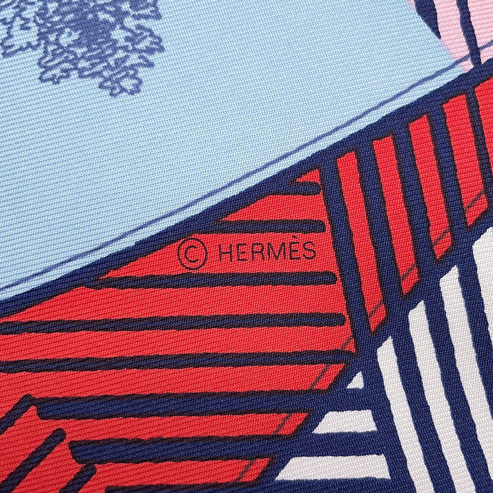 HERMES Scarf Carre Jeu des omnibus et damesBlanches Omnibus White Lady Game Size 90 Pink/Blue/Red Silk 100%