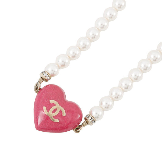 CHANEL Heart Rhinestone Pearl Long Necklace Pink Gold Plated Rhinestone Faux Pearl