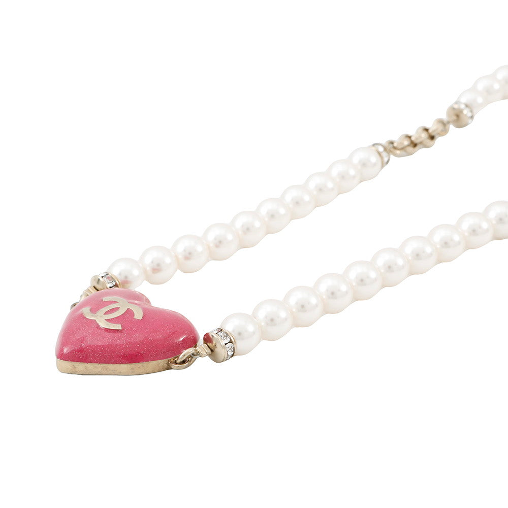 CHANEL Heart Rhinestone Pearl Long Necklace Pink Gold Plated Rhinestone Faux Pearl