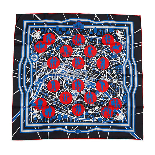 HERMES Carre LES NOUVEAUX AMOUREUX FE PARIS Size 90 Black/Blue/Red Silk100%