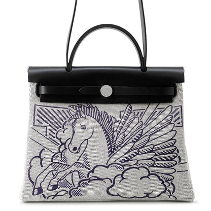 HERMES Herbag Zip Pegasus Pop Black/Blue Indigo/Ecru Toile H Vache Hunter Leather Size PM/31