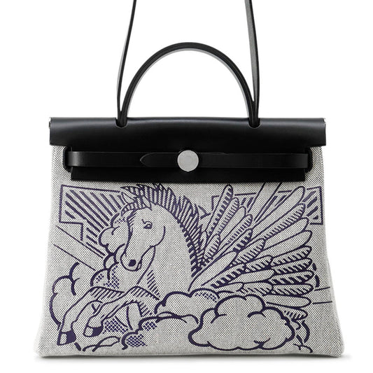 HERMES Herbag Zip Pegasus Pop Black/Blue Indigo/Ecru Toile H Vache Hunter Leather Size PM/31