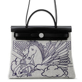 HERMES Herbag Zip Pegasus Pop Black/Blue Indigo/Ecru Toile H Vache Hunter Leather Size PM/31