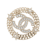 CHANEL CC Logo Round Star Brooch Champagne Gold Gold Plated Rhinestone Faux Pearl
