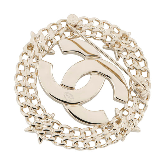 CHANEL CC Logo Round Star Brooch Champagne Gold Gold Plated Rhinestone Faux Pearl