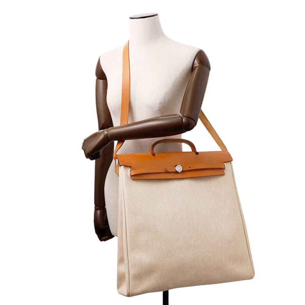 HERMES Herbag Natural Toile H Vache Hunter Leather Size MM