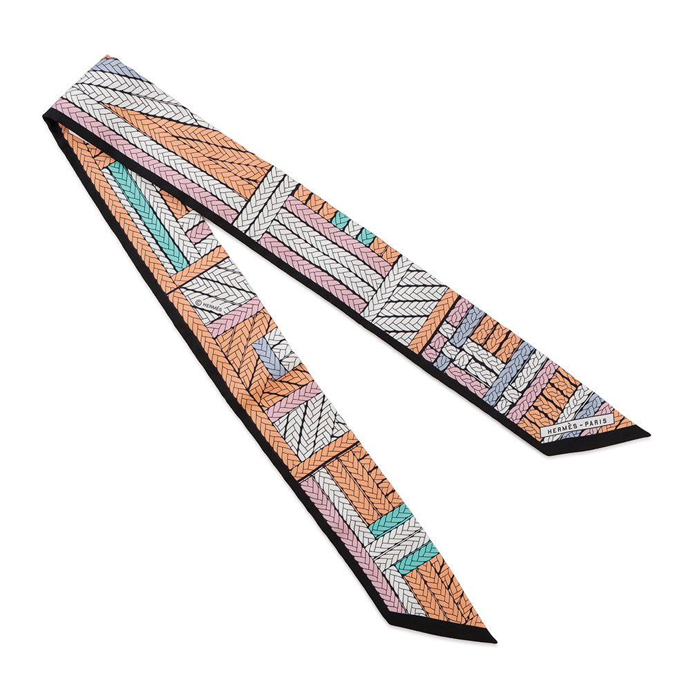 HERMES Twilly TRESSES H Apricot/Black/Rose Silk100%