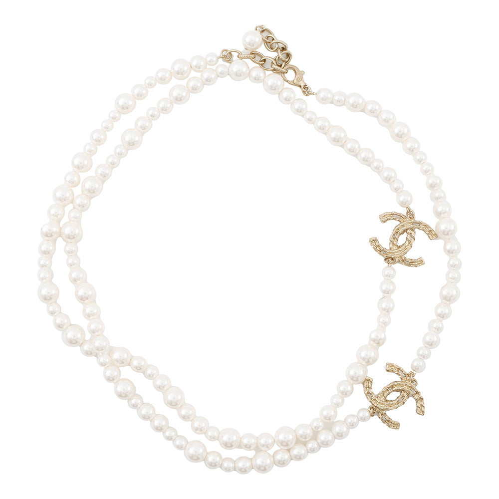 CHANEL Pearl long necklace Champagne Gold Gold Plated Faux Pearl Rhinestone