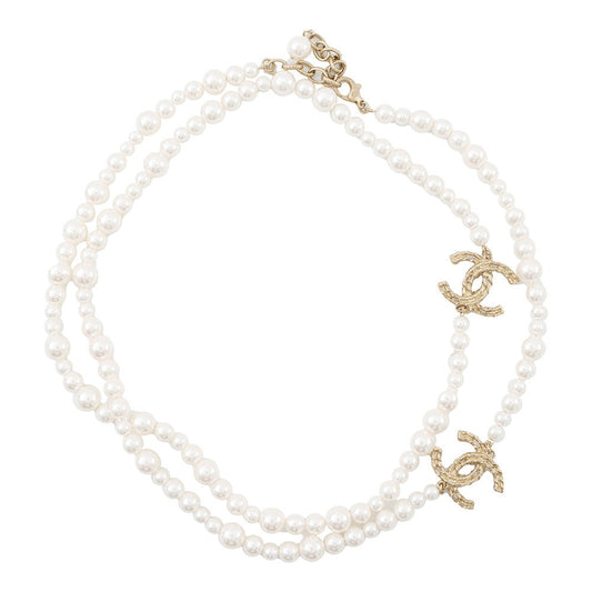CHANEL Pearl long necklace Champagne Gold Gold Plated Faux Pearl Rhinestone