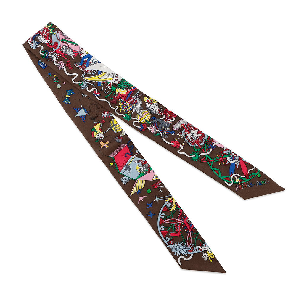 HERMES Twilly La For Parade Marron/Menthe/Jaune Vif Silk100%