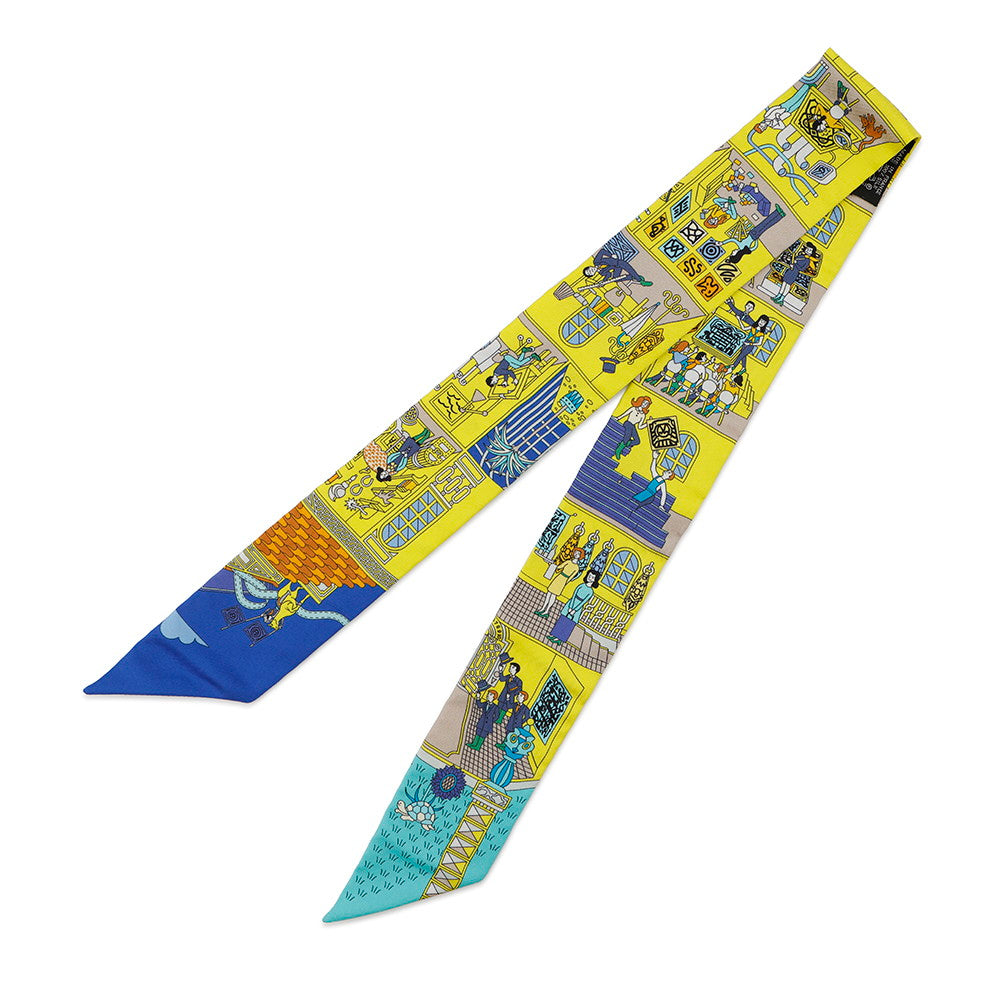 HERMES Twilly Maison des Carrés Jaune Vif/Blue Roy/Turquoise Silk100%