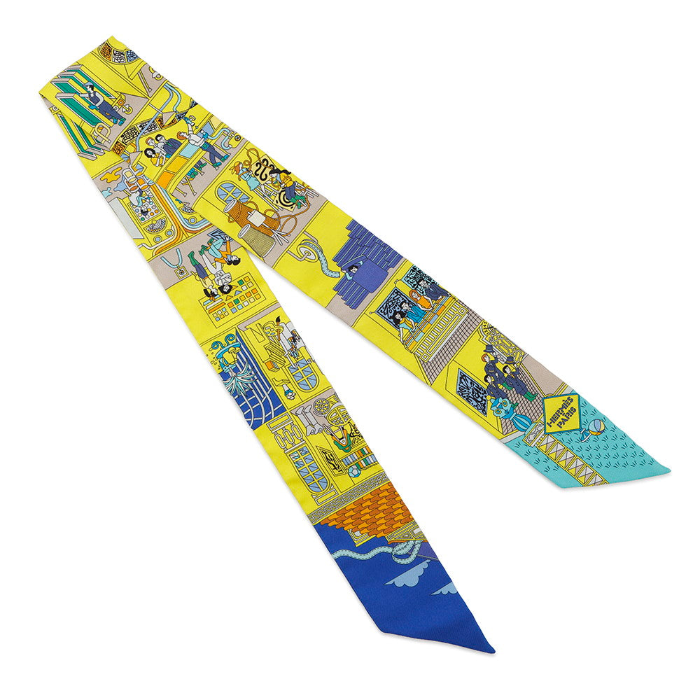 HERMES Twilly Maison des Carrés Jaune Vif/Blue Roy/Turquoise Silk100%