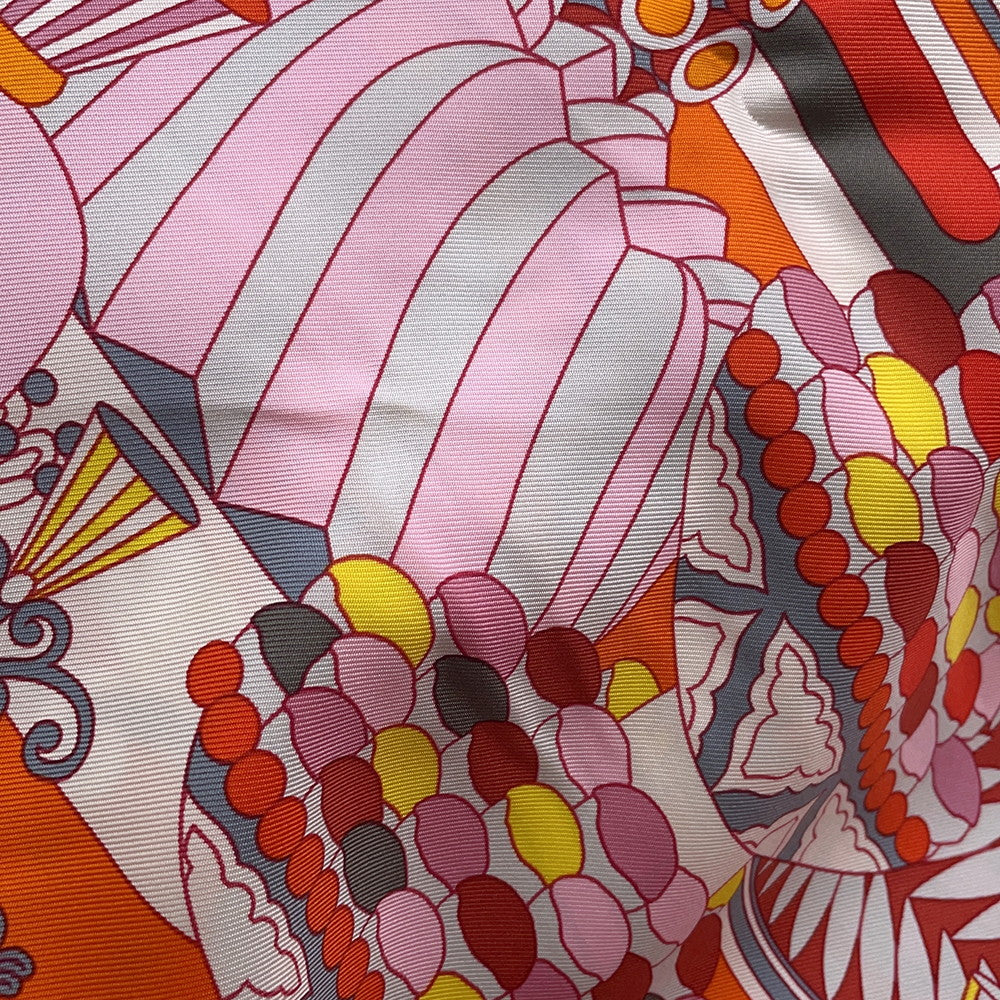 HERMES Carre Patisserie Française Size 90 Orange/Rose/Gris Silk100%