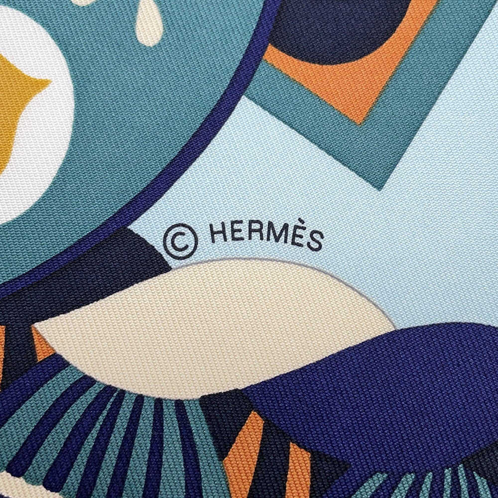 HERMES Carre Haute Parure Size 90 Blue Jean/BeigeDre/Ciel Silk100%