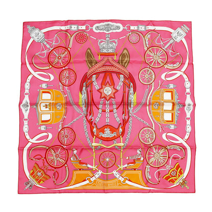 HERMES Carre Stately Wheels Size 90 Rose vif/Rouge/Orange Silk100%