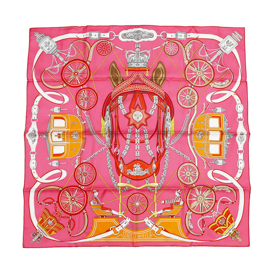 HERMES Carre Stately Wheels Size 90 Rose vif/Rouge/Orange Silk100%