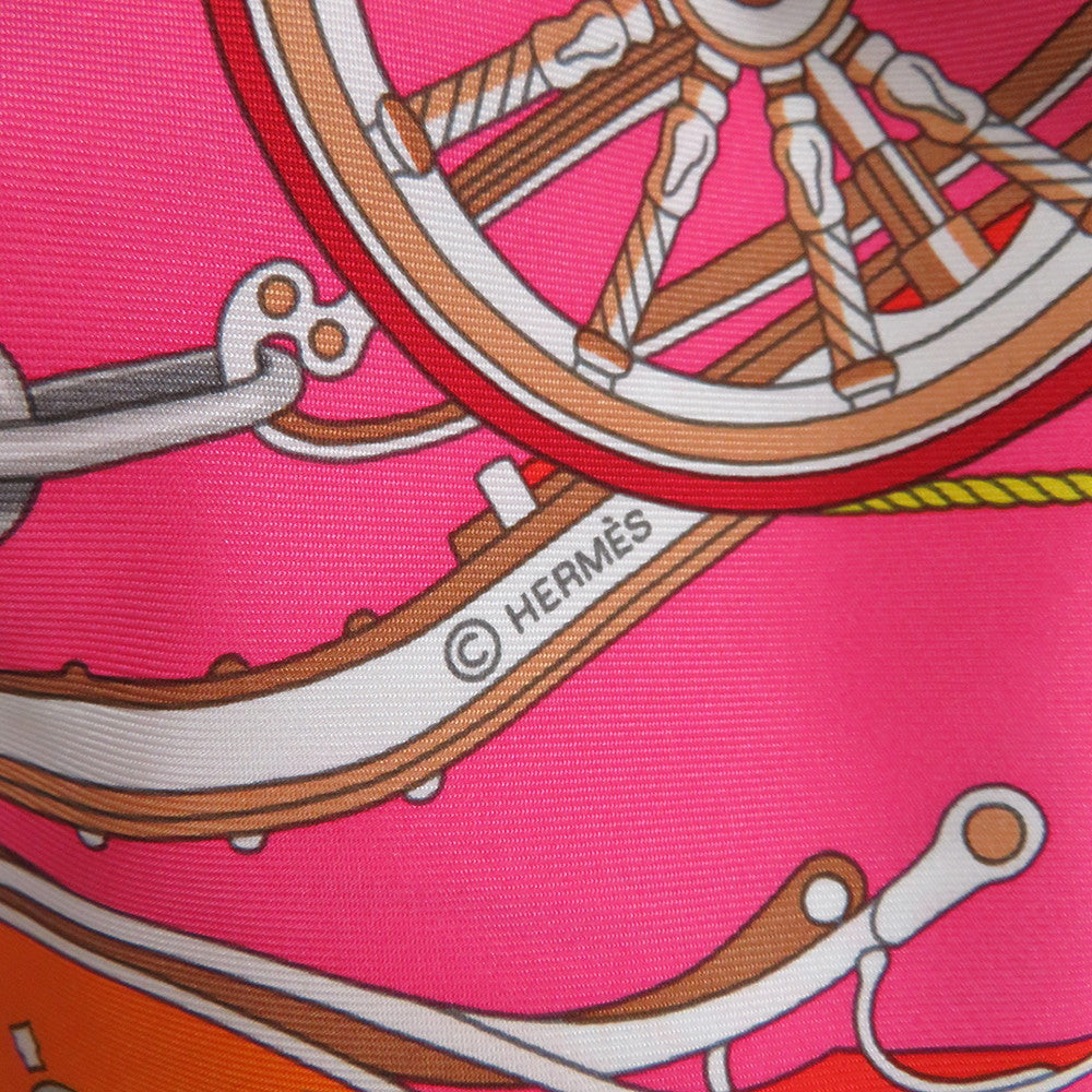 HERMES Carre Stately Wheels Size 90 Rose vif/Rouge/Orange Silk100%
