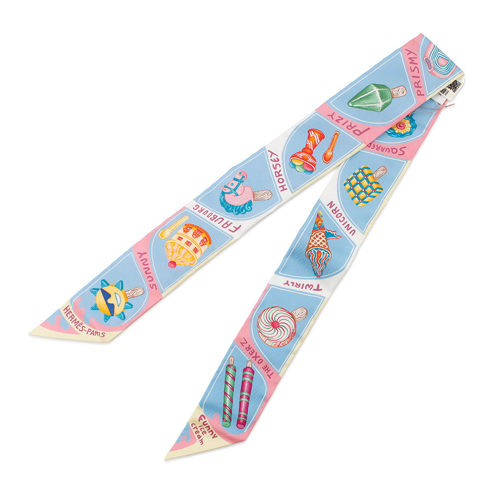 HERMES Twilly Funny Ice Cream Funny Ice Cream Blue Ciel/Rose Bonbon/Yellow Silk100%