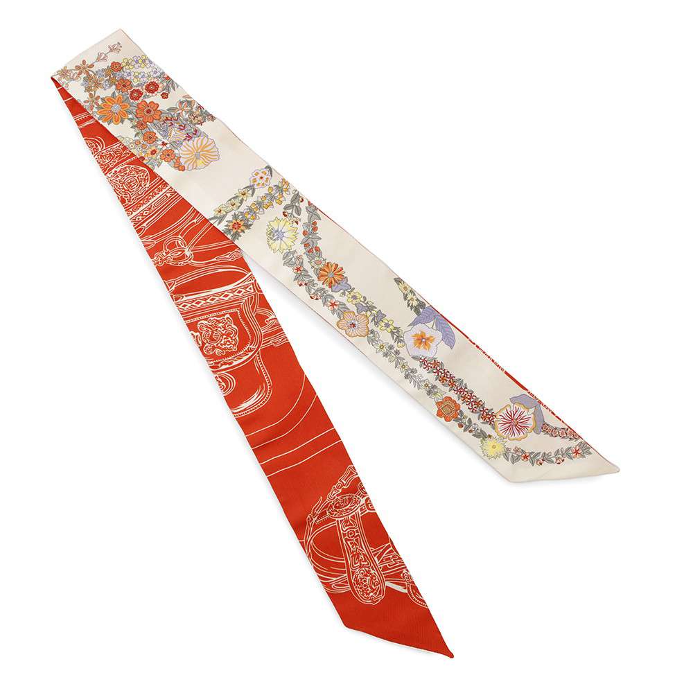HERMES Twilly BRIDES DE GALA EN FLEURS Brides de Gala en Fleurs Vanilla/Orange/Khaki Silk100%