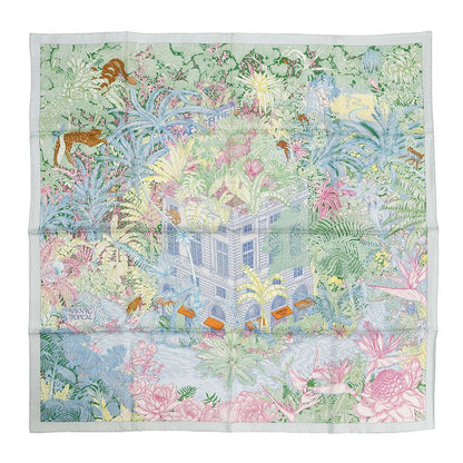 HERMES Carre Fauve Tropical Size 90 Blue/Vert/JauneSoufre Silk100%
