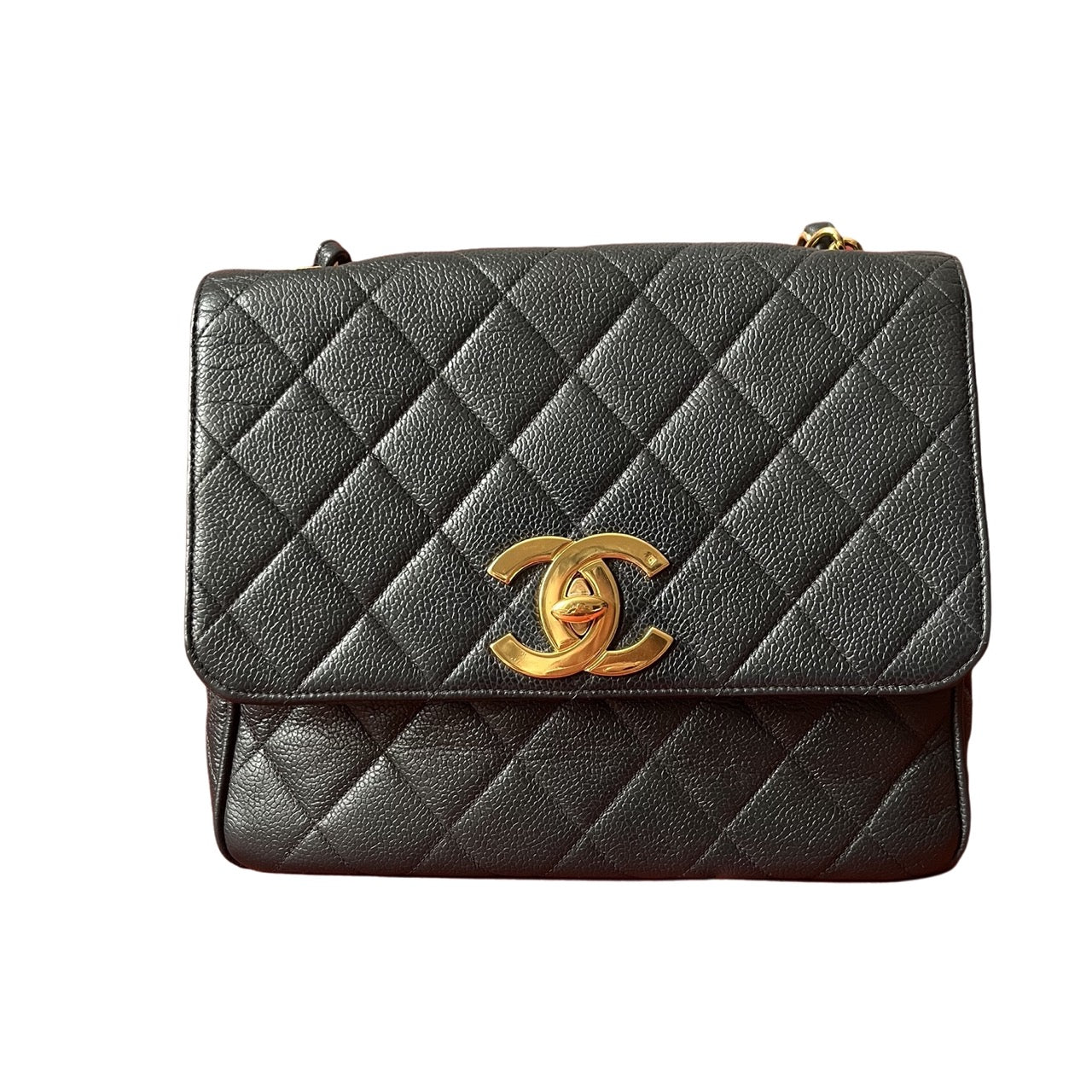Chanel Classic Flap   Navy Black Caviar Leather 24k Gold Plated Giant CC Logo, 1994-96