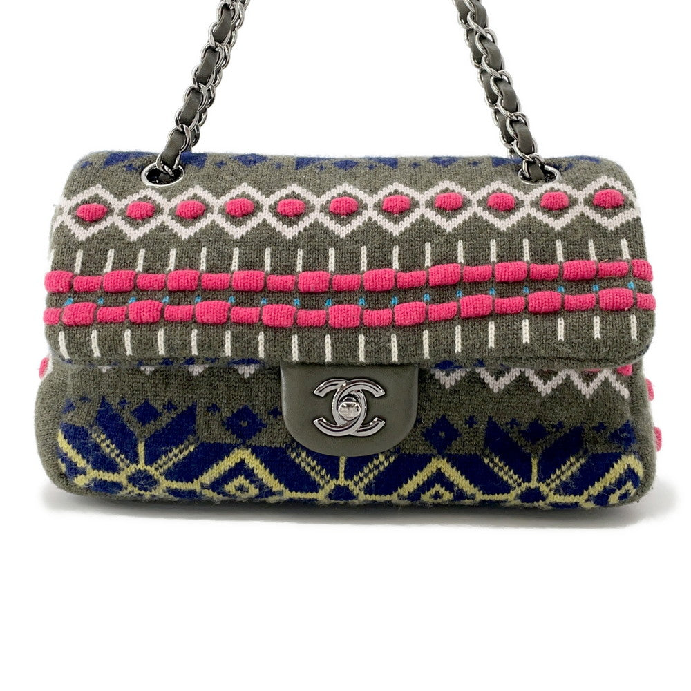 CHANEL CC Logo Knit Shoulder Bag Khaki/MulticolorA90848 Knit Size 25