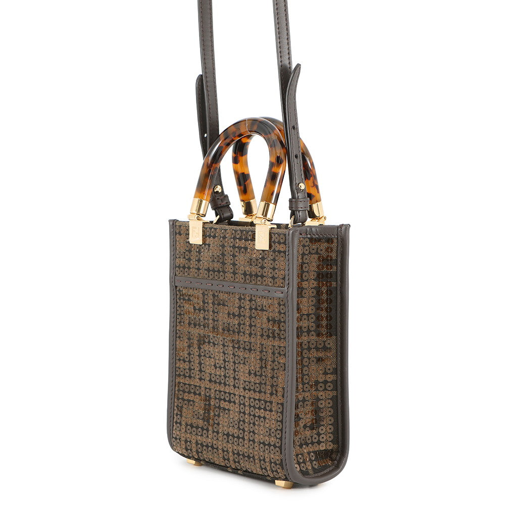 FENDI Zucca Sunshine Shopper 2-Way Handbag Brown8BS051 Canvas Leather Sequins