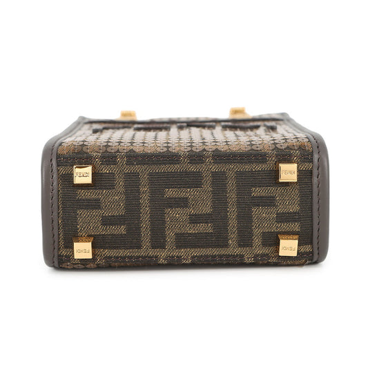 FENDI Zucca Sunshine Shopper 2-Way Handbag Brown8BS051 Canvas Leather Sequins