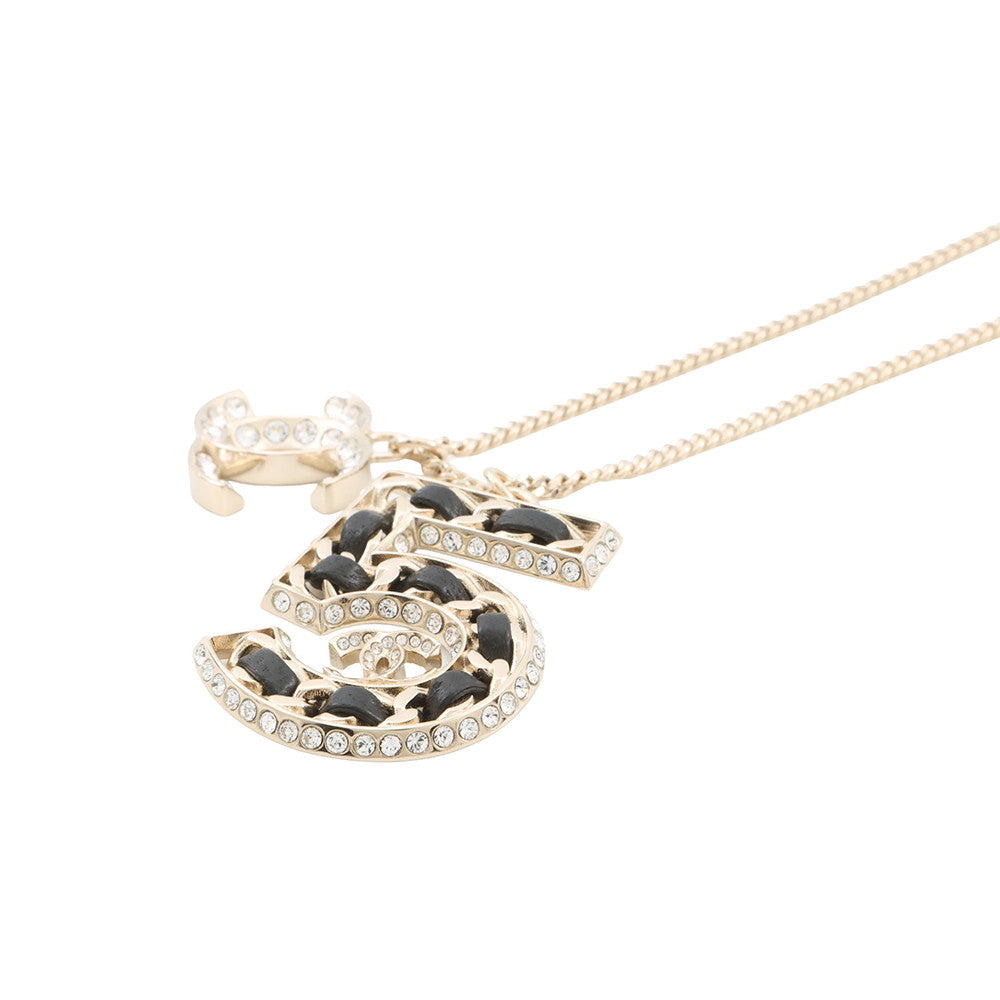CHANEL CC Logo No.5 motif necklace Champagne Gold/Black Metal Rhinestone Leather