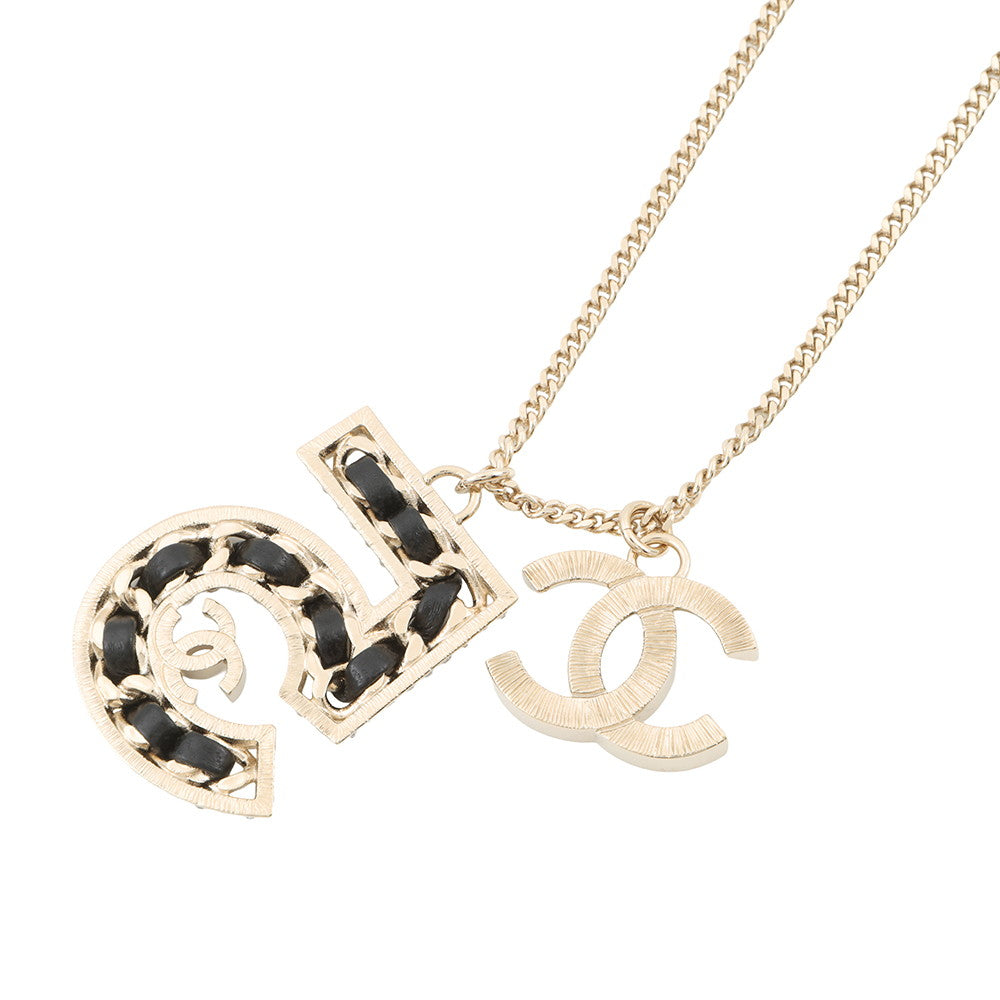 CHANEL CC Logo No.5 motif necklace Champagne Gold/Black Metal Rhinestone Leather