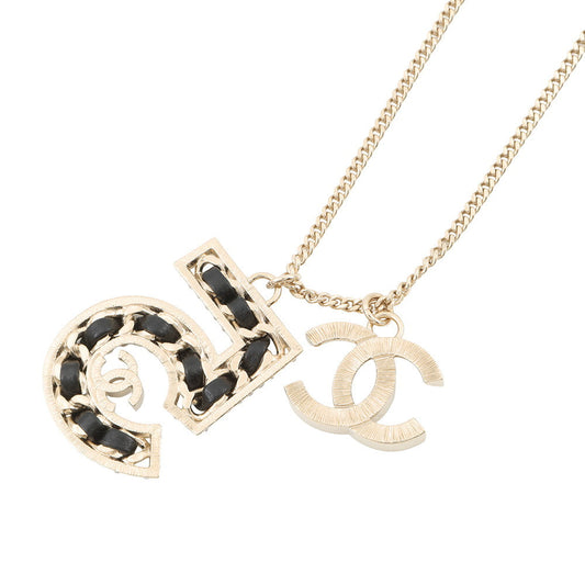 CHANEL CC Logo No.5 motif necklace Champagne Gold/Black Metal Rhinestone Leather