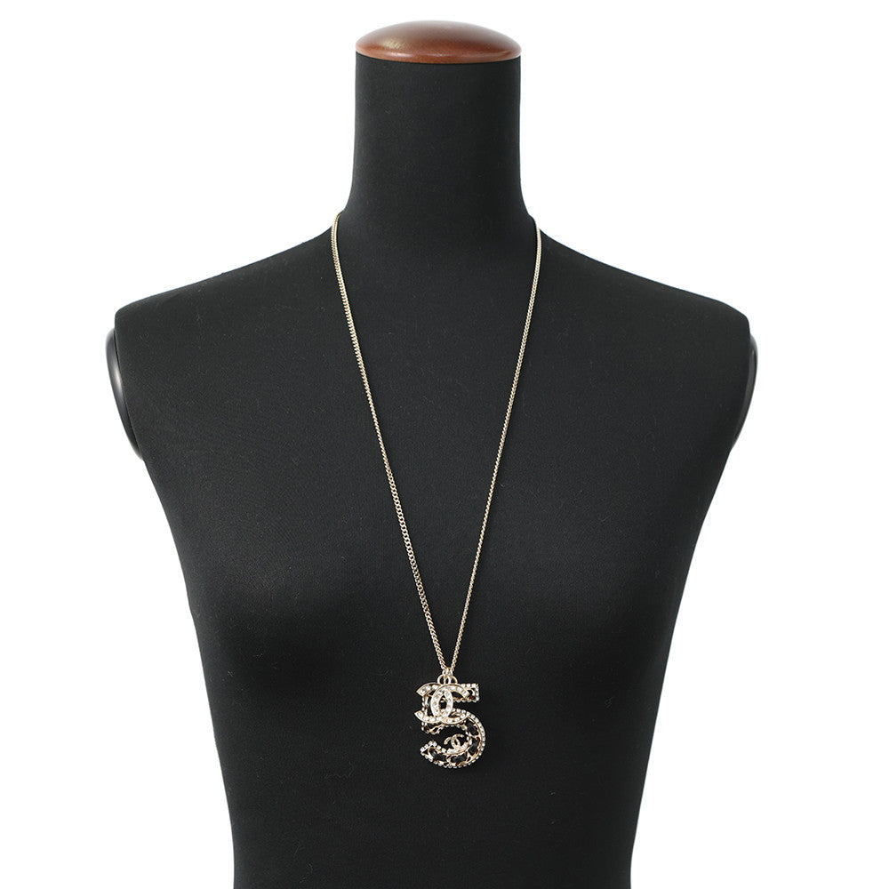 CHANEL CC Logo No.5 motif necklace Champagne Gold/Black Metal Rhinestone Leather