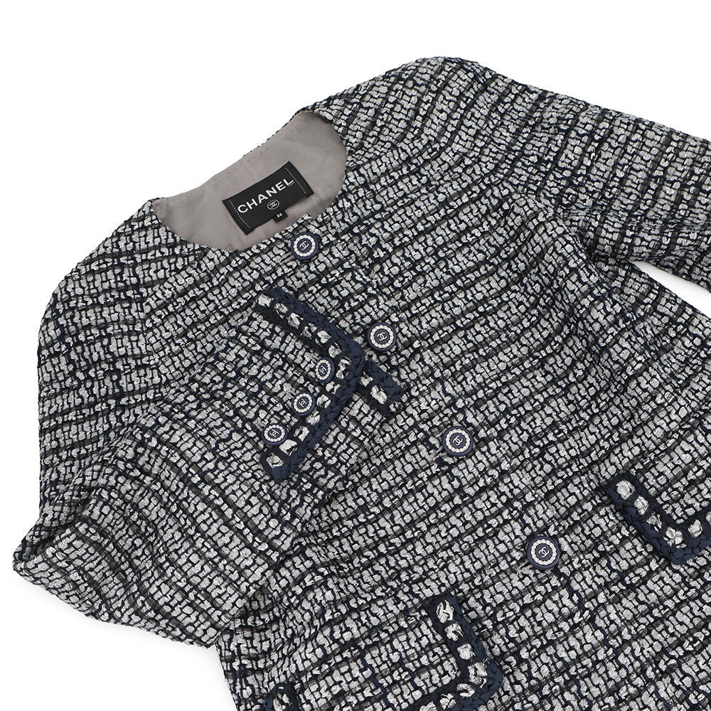CHANEL Collarless Tweed Jacket Size 36 Gray/Navy/SilverP60886 Viscose 47% Polyamide 30% Cotton 16% Polyester 5% Metal Polyester 2%