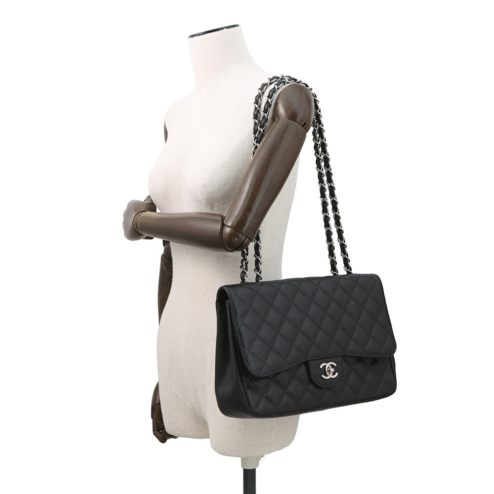 CHANEL Jumbo Matelasse Single Flap ChainShoulder Bag BlackA28600 Caviar Leather Size 30