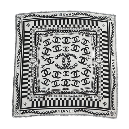 CHANEL CC Logo Stole White/Black Wool 90% Silk10%