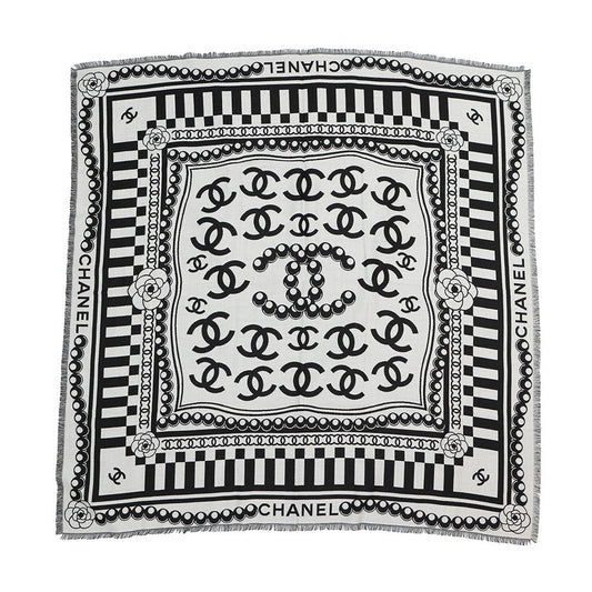 CHANEL CC Logo Stole White/Black Wool 90% Silk10%