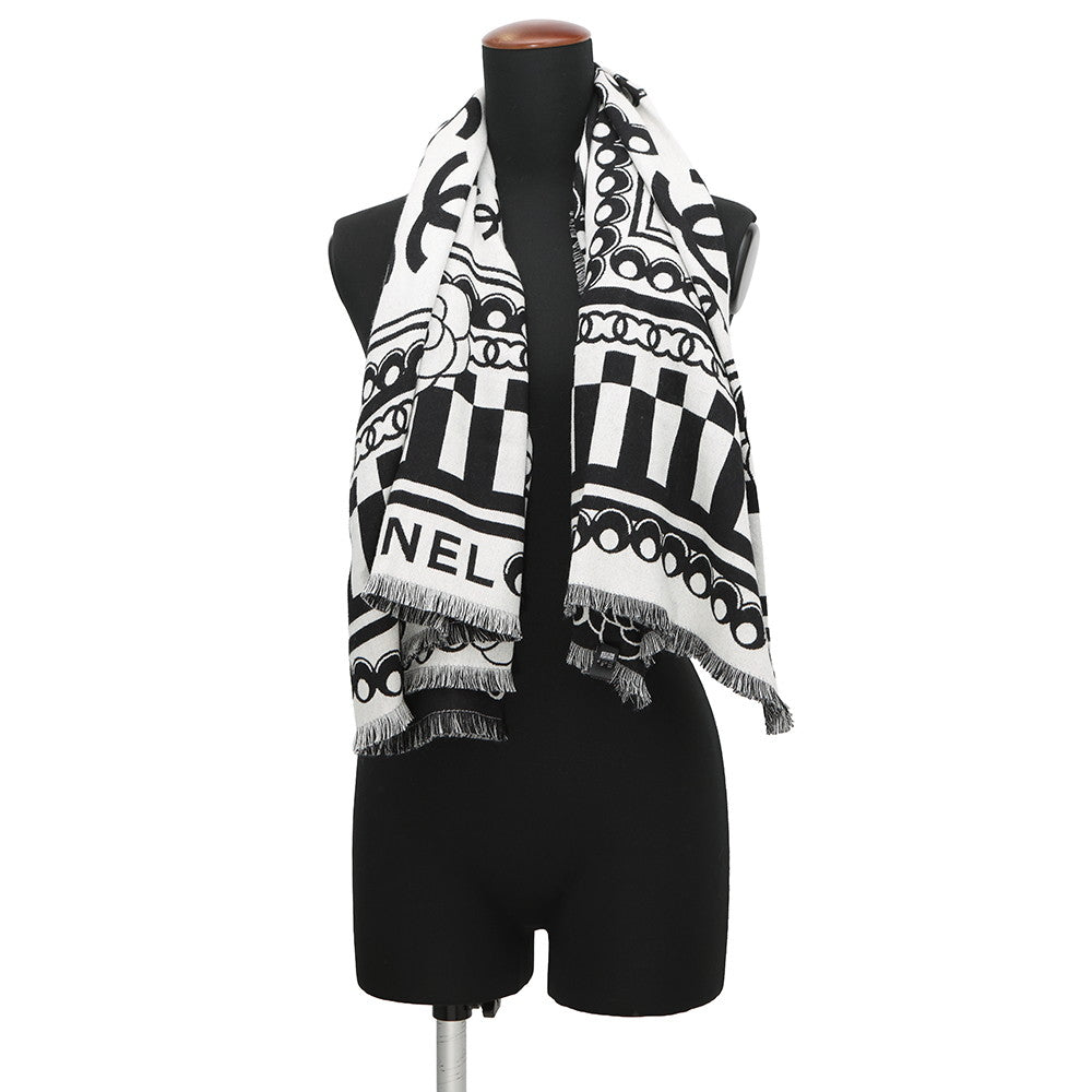 CHANEL CC Logo Stole White/Black Wool 90% Silk10%