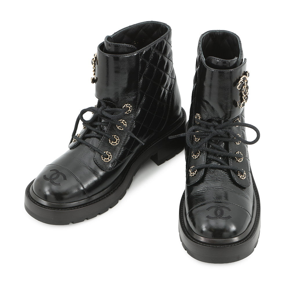 CHANEL Matelasse Disneuf lace-up short boots BlackG36424 Leather Size 38