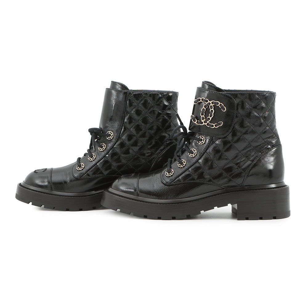 CHANEL Matelasse Disneuf lace-up short boots BlackG36424 Leather Size 38