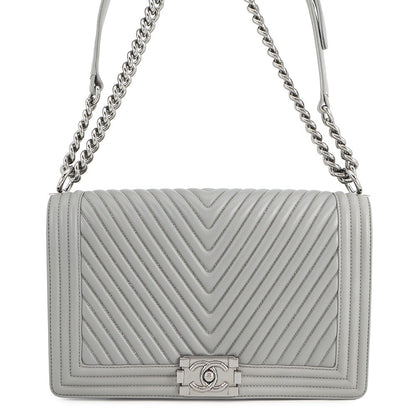 CHANEL Boy Chanel Chevron ChainShoulder Bag Gray Lambskin beads Size 28