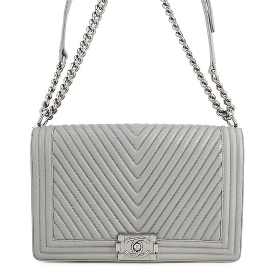 CHANEL Boy Chanel Chevron ChainShoulder Bag Gray Lambskin beads Size 28