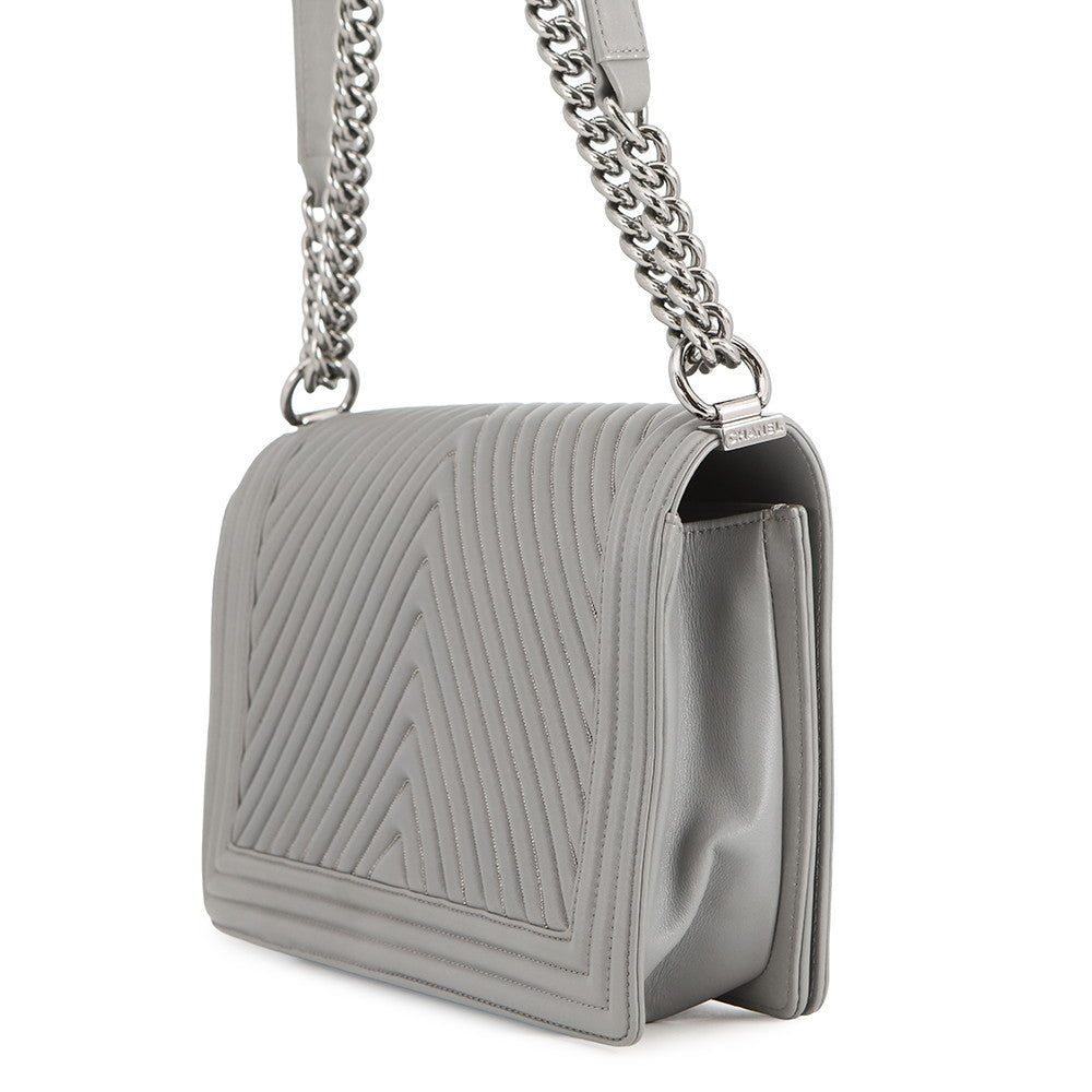 CHANEL Boy Chanel Chevron ChainShoulder Bag Gray Lambskin beads Size 28
