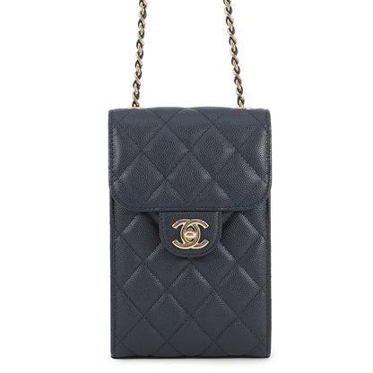 CHANEL Matelasse Shoulder Phone Case NavyAP0249 Caviar Leather