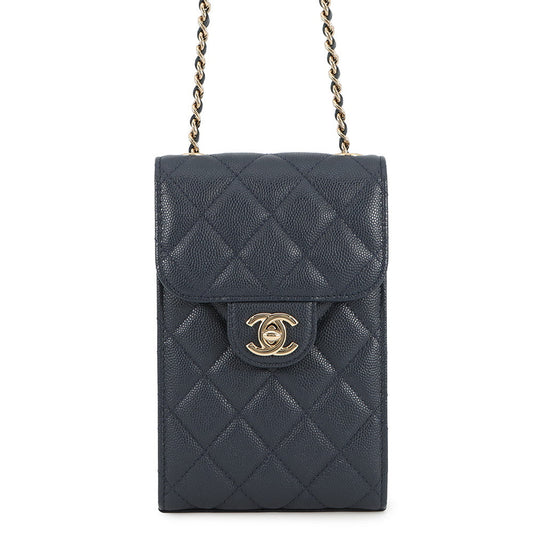 CHANEL Matelasse Shoulder Phone Case NavyAP0249 Caviar Leather