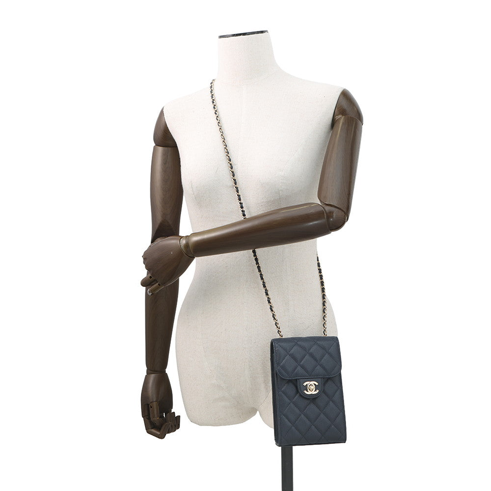 CHANEL Matelasse Shoulder Phone Case NavyAP0249 Caviar Leather
