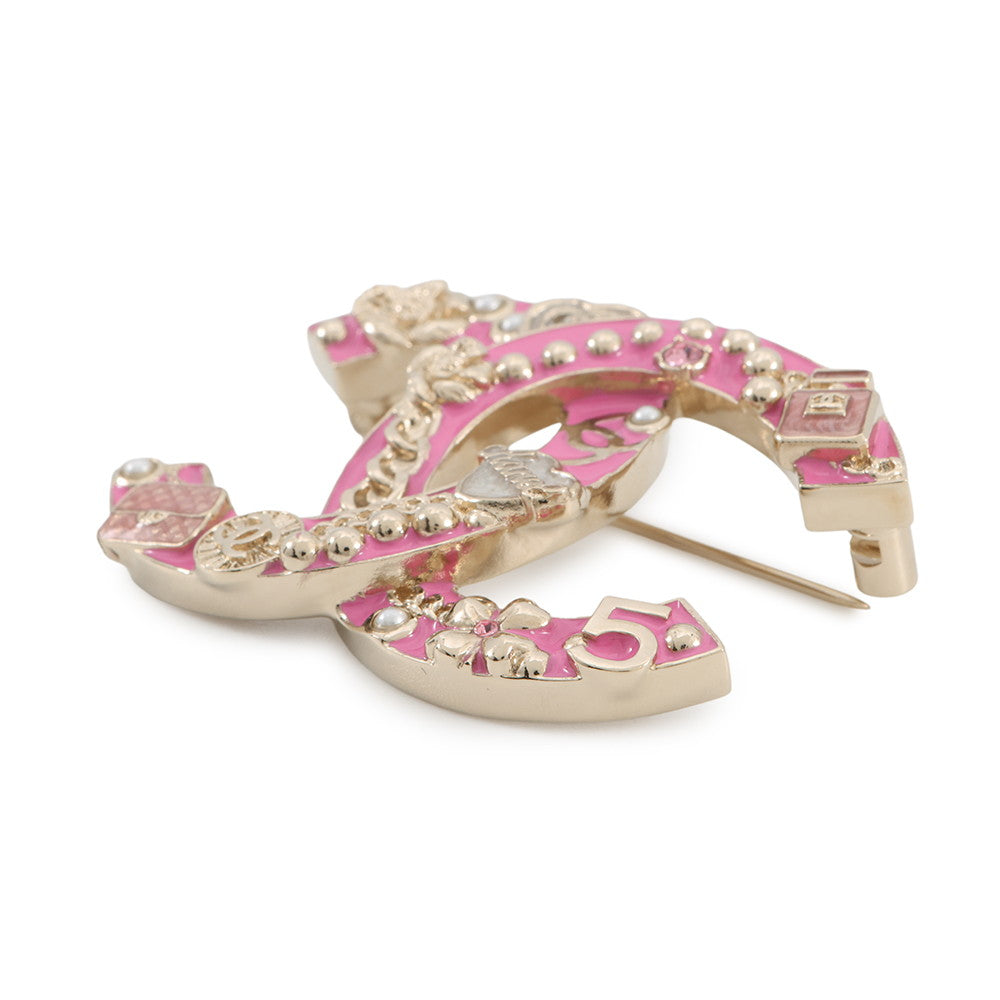 CHANEL CC Logo Brooch PinkABD353 Gold Plated Rhinestone Faux Pearl