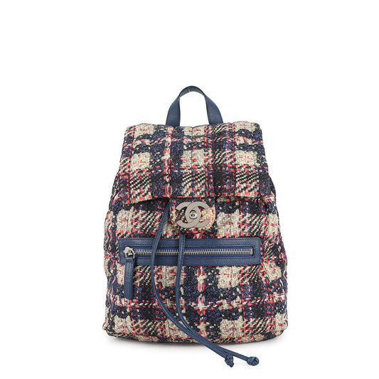 CHANEL CC Logo Tweed Print Backpack Blue/MulticolorA66445 Nylon Leather