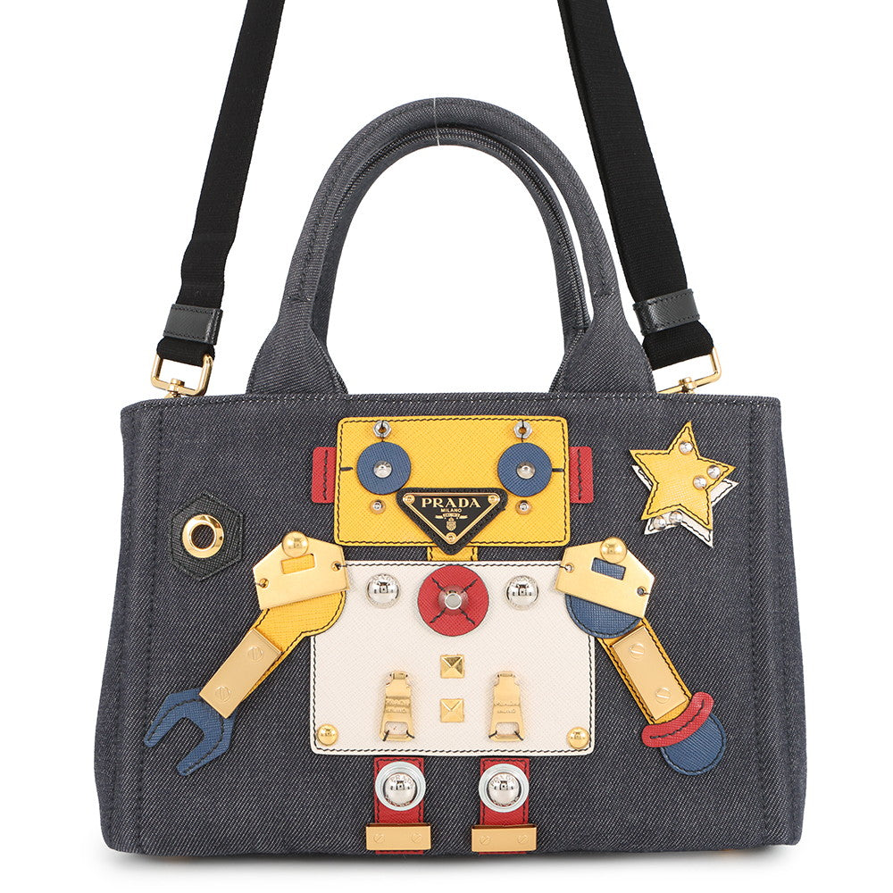 PRADA Canapa 2WAY Tote Bag Robot Navy/Multicolor1BG439 Denim
